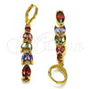 Oro Laminado Long Earring, Gold Filled Style Leaf Design, with Multicolor Cubic Zirconia, Polished, Golden Finish, 02.210.0827