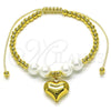 Oro Laminado Adjustable Bolo Bracelet, Gold Filled Style Ball and Heart Design, with Ivory Pearl, Polished, Golden Finish, 03.341.2284