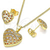 Oro Laminado Earring and Pendant Adult Set, Gold Filled Style Heart Design, with Garnet and White Micro Pave, Polished, Golden Finish, 10.156.0299.1