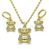 Oro Laminado Earring and Pendant Adult Set, Gold Filled Style Teddy Bear Design, with White Micro Pave, Polished, Golden Finish, 10.196.0053.1