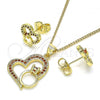 Oro Laminado Earring and Pendant Adult Set, Gold Filled Style Heart Design, with Garnet Micro Pave, Polished, Golden Finish, 10.156.0417.1