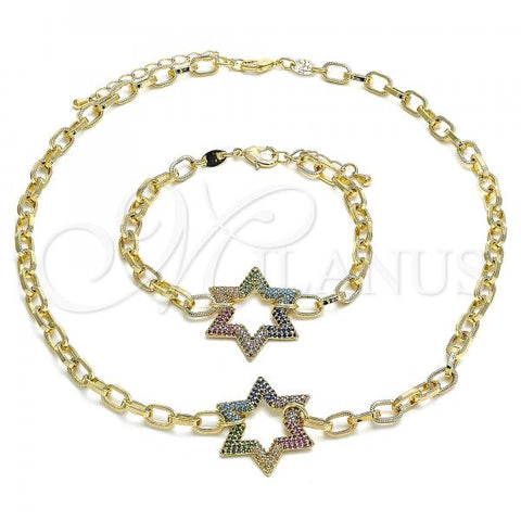 Oro Laminado Necklace and Bracelet, Gold Filled Style Paperclip and Star of David Design, with Multicolor Micro Pave, Polished, Golden Finish, 06.341.0003.1