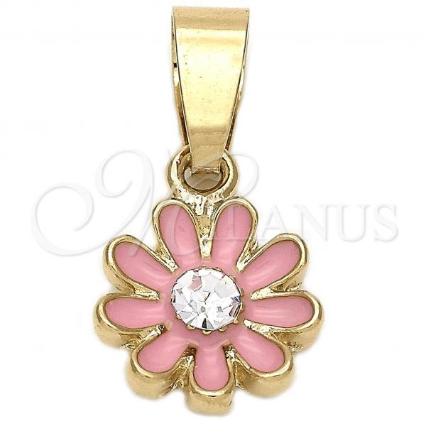 Oro Laminado Fancy Pendant, Gold Filled Style Flower Design, with White Crystal, Pink Enamel Finish, Golden Finish, 05.163.0072.1