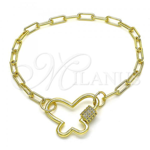 Oro Laminado Fancy Bracelet, Gold Filled Style Paperclip and Butterfly Design, with White Micro Pave, Polished, Golden Finish, 03.341.0045.08