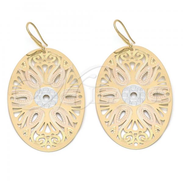 Oro Laminado Dangle Earring, Gold Filled Style Diamond Cutting Finish, Tricolor, 5.079.002