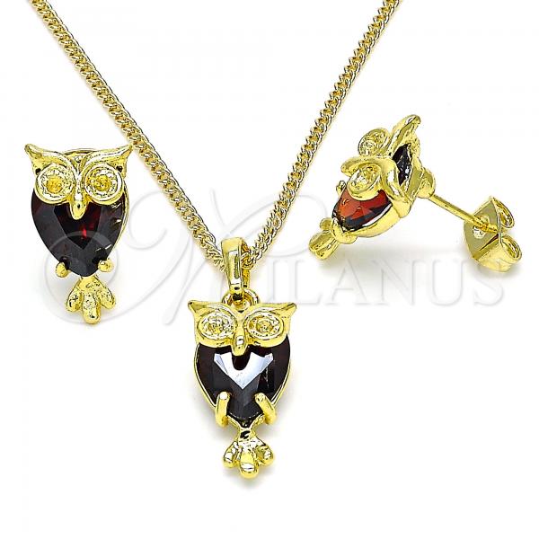 Oro Laminado Earring and Pendant Adult Set, Gold Filled Style Owl Design, with Garnet Crystal, Polished, Golden Finish, 10.379.0008.1