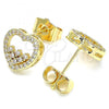 Oro Laminado Stud Earring, Gold Filled Style Heart Design, with White Micro Pave, Polished, Golden Finish, 02.156.0500