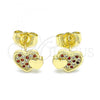 Oro Laminado Stud Earring, Gold Filled Style Heart Design, with Garnet and White Micro Pave, Polished, Golden Finish, 02.199.0036.1