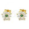 Oro Laminado Stud Earring, Gold Filled Style Flower Design, with Green and White Cubic Zirconia, Polished, Golden Finish, 02.310.0027