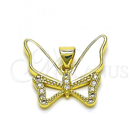 Oro Laminado Fancy Pendant, Gold Filled Style Butterfly Design, with White Micro Pave, White Enamel Finish, Golden Finish, 05.381.0015