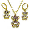 Oro Laminado Earring and Pendant Adult Set, Gold Filled Style Teddy Bear Design, with Ruby and Black Micro Pave, Polished, Golden Finish, 10.196.0032