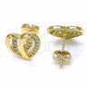 Oro Laminado Stud Earring, Gold Filled Style Heart Design, with White Micro Pave, Polished, Golden Finish, 02.94.0107