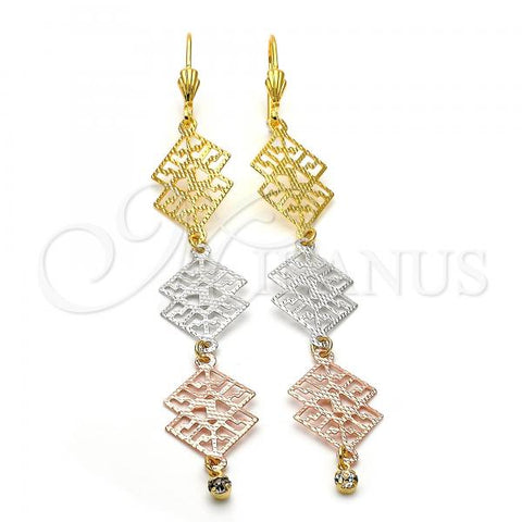 Oro Laminado Long Earring, Gold Filled Style Filigree Design, with White Cubic Zirconia, Diamond Cutting Finish, Tricolor, 5.097.001