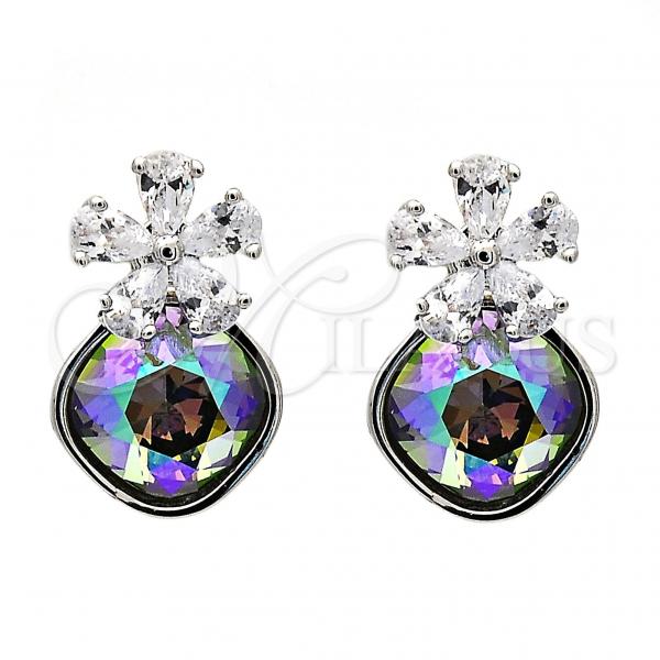 Rhodium Plated Stud Earring, Flower Design, with Crystal Swarovski Crystals and White Micro Pave, Polished, Rhodium Finish, 02.63.2580.1