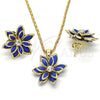 Oro Laminado Earring and Pendant Adult Set, Gold Filled Style Flower Design, with Sapphire Blue and White Crystal, Polished, Golden Finish, 10.64.0155.2