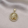 Oro Laminado Religious Pendant, Gold Filled Style Jesus and Greek Key Design, with White Micro Pave, Polished, Golden Finish, 05.411.0021