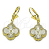 Oro Laminado Dangle Earring, Gold Filled Style Four-leaf Clover Design, Diamond Cutting Finish, Golden Finish, 02.414.0014