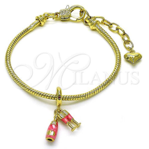Oro Laminado Charm Bracelet, Gold Filled Style Drink Glass Design, with White Cubic Zirconia, Pink Enamel Finish, Golden Finish, 03.341.0221.07