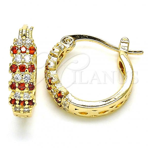 Oro Laminado Small Hoop, Gold Filled Style with Garnet and White Cubic Zirconia, Polished, Golden Finish, 02.210.0300.1.15