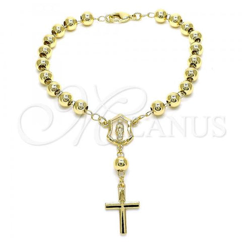 Oro Laminado Bracelet Rosary, Gold Filled Style Guadalupe and Cross Design, Polished, Golden Finish, 09.213.0012.08