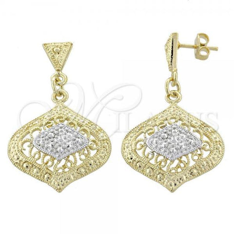 Oro Laminado Dangle Earring, Gold Filled Style Filigree Design, Diamond Cutting Finish, Two Tone, 02.55.0013