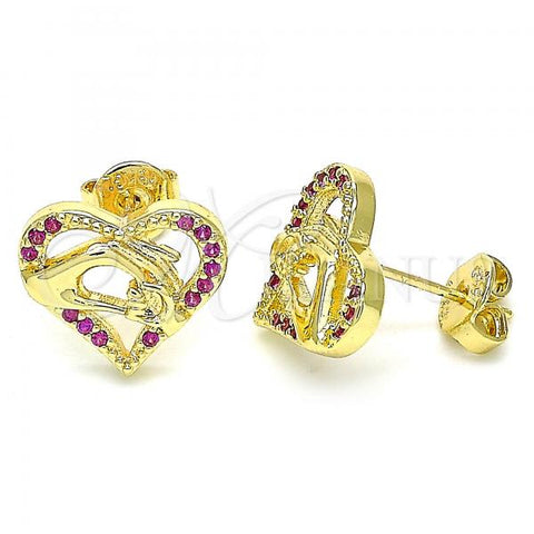 Oro Laminado Stud Earring, Gold Filled Style Heart and Hand Design, with Ruby Micro Pave, Polished, Golden Finish, 02.156.0390.1