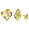 Oro Laminado Stud Earring, Gold Filled Style Heart and Hand Design, with Ruby Micro Pave, Polished, Golden Finish, 02.156.0390.1