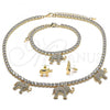 Oro Laminado Necklace, Bracelet and Earring, Gold Filled Style Elephant Design, with White Cubic Zirconia and White Crystal, Polished, Golden Finish, 06.372.0017