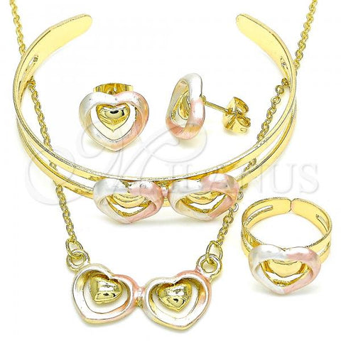 Oro Laminado Necklace, Bracelet, Earring and Ring, Gold Filled Style Heart Design, Polished, Tricolor, 06.361.0022