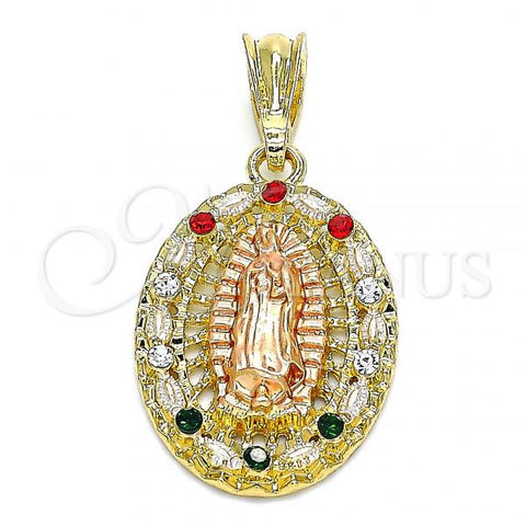 Oro Laminado Religious Pendant, Gold Filled Style Guadalupe Design, with Multicolor Crystal, Polished, Tricolor, 05.380.0045.1