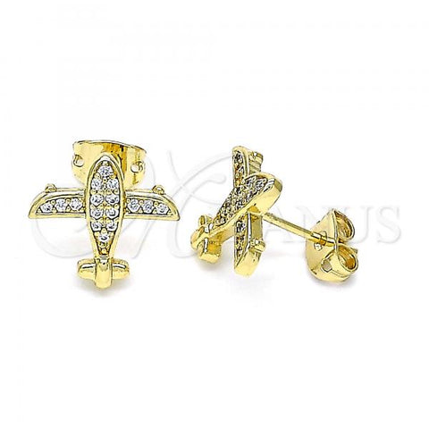 Oro Laminado Stud Earring, Gold Filled Style with White Micro Pave, Polished, Golden Finish, 02.342.0181