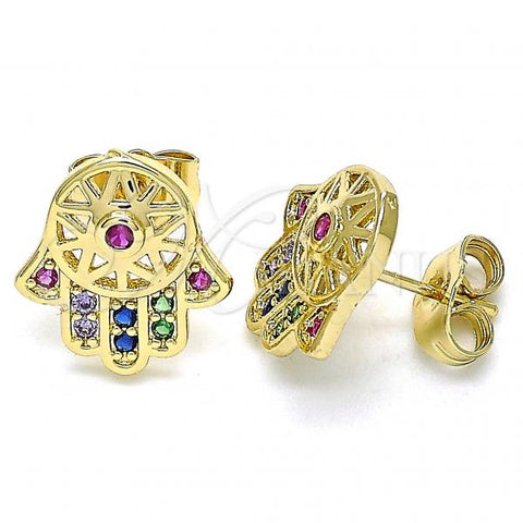 Oro Laminado Stud Earring, Gold Filled Style Hand of God Design, with Multicolor Micro Pave, Polished, Golden Finish, 02.210.0421.1