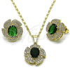 Oro Laminado Earring and Pendant Adult Set, Gold Filled Style Cluster and Flower Design, with Green and White Cubic Zirconia, Polished, Golden Finish, 10.284.0044.1