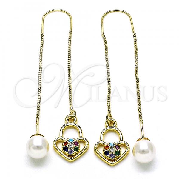 Oro Laminado Threader Earring, Gold Filled Style Heart Design, with Multicolor Micro Pave, Polished, Golden Finish, 02.210.0807.1