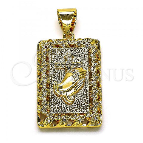 Oro Laminado Religious Pendant, Gold Filled Style Praying Hands and Cross Design, with White Micro Pave, Polished, Golden Finish, 05.342.0141