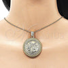 Oro Laminado Religious Pendant, Gold Filled Style Centenario Coin and Miami Cuban Design, with White Cubic Zirconia and White Micro Pave, Polished, Golden Finish, 05.213.0138