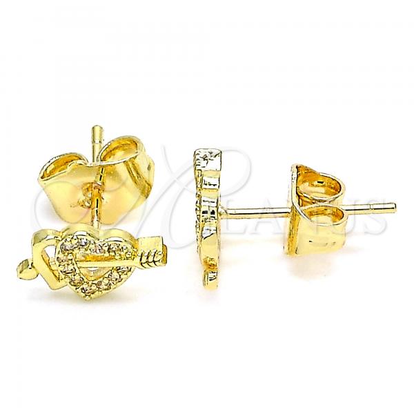 Oro Laminado Stud Earring, Gold Filled Style Heart Design, with White Micro Pave, Polished, Golden Finish, 02.233.0050