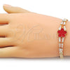 Oro Laminado Fancy Bracelet, Gold Filled Style Flower and Baguette Design, with Garnet Mother of Pearl and White Cubic Zirconia, Polished, Golden Finish, 03.283.0437.1.07