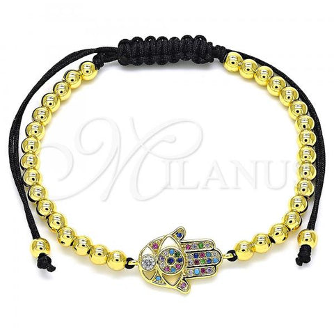Oro Laminado Adjustable Bolo Bracelet, Gold Filled Style Hand of God and Ball Design, with Multicolor Micro Pave, Polished, Golden Finish, 03.299.0067.1.11