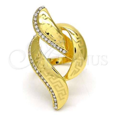 Oro Laminado Multi Stone Ring, Gold Filled Style Greek Key Design, with White Crystal, Polished, Golden Finish, 01.241.0045.10 (Size 10)