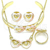 Oro Laminado Necklace, Bracelet, Earring and Ring, Gold Filled Style Heart Design, Polished, Tricolor, 06.361.0022