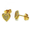 Oro Laminado Stud Earring, Gold Filled Style Heart Design, with White Micro Pave, Polished, Golden Finish, 02.344.0019