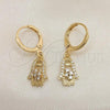 Oro Laminado Dangle Earring, Gold Filled Style Hand of God Design, with White Cubic Zirconia and White Micro Pave, Polished, Golden Finish, 02.253.0052