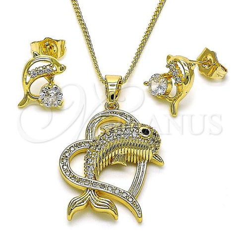 Oro Laminado Earring and Pendant Adult Set, Gold Filled Style Heart and Dolphin Design, with White and Black Micro Pave, Polished, Golden Finish, 10.210.0181