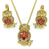 Oro Laminado Earring and Pendant Adult Set, Gold Filled Style Owl Design, with Garnet Cubic Zirconia and White Micro Pave, Polished, Golden Finish, 10.210.0138.1