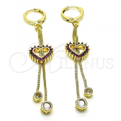 Oro Laminado Long Earring, Gold Filled Style Box and Heart Design, with Ruby and White Cubic Zirconia, Polished, Golden Finish, 02.316.0081
