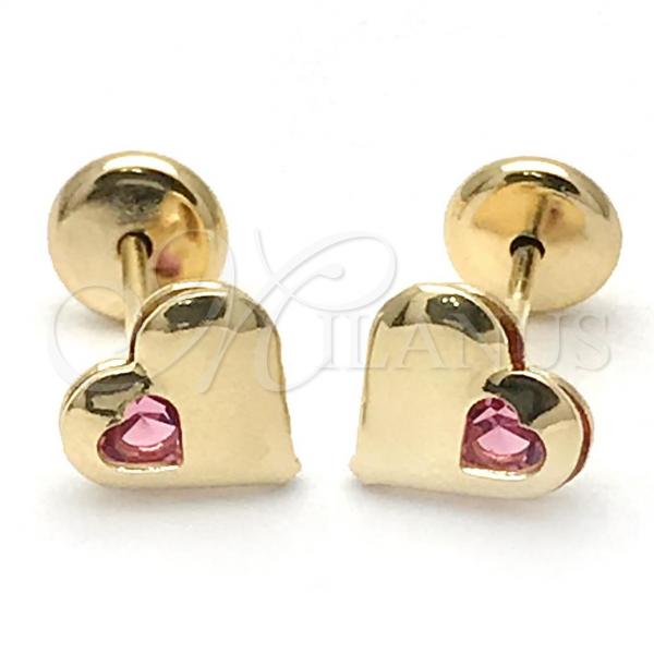 Oro Laminado Stud Earring, Gold Filled Style Heart Design, with Pink Cubic Zirconia, Polished, Golden Finish, 02.09.0196.1