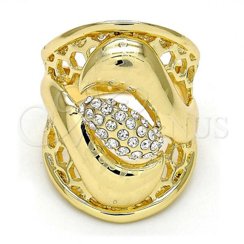 Oro Laminado Multi Stone Ring, Gold Filled Style Flower Design, with White Crystal, Polished, Golden Finish, 01.160.0003.08 (Size 8)