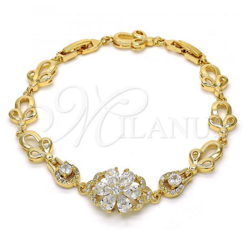 Oro Laminado Fancy Bracelet, Gold Filled Style Flower Design, with White Cubic Zirconia, Polished, Golden Finish, 03.205.0035.07