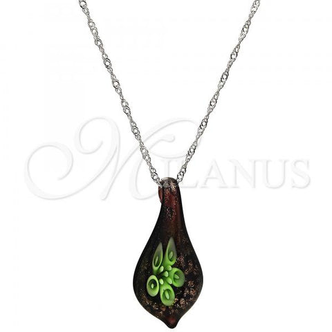 Gold Tone Pendant Necklace, Flower Design, with Green Azavache, Polished, Rhodium Finish, 04.276.0008.18.GT